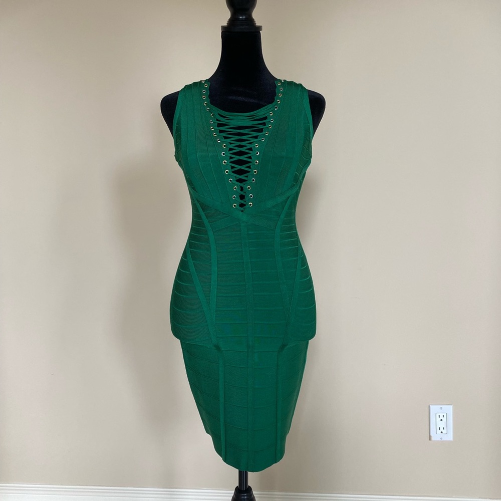 Herve Leger emerald Green Dress corset bandage mini dress sz s